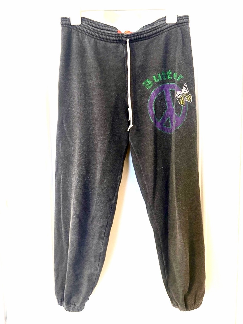 Butter Charcoal Gray Track Pants with Purple & Green Peace Sign